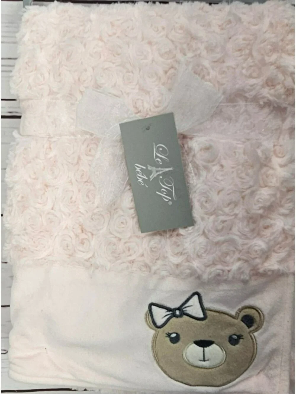 Le Top Bébé Pink Swirl Plush Baby Blanket With Embroidered Bear Design - Soft